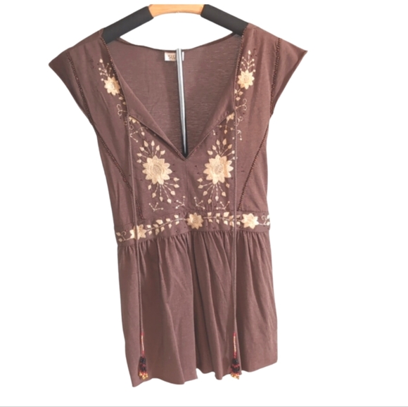 Suzy Shier Brown Embroidered Beaded Top | Size L Boho Chic Blouse with Tie Back - Picture 5 of 7